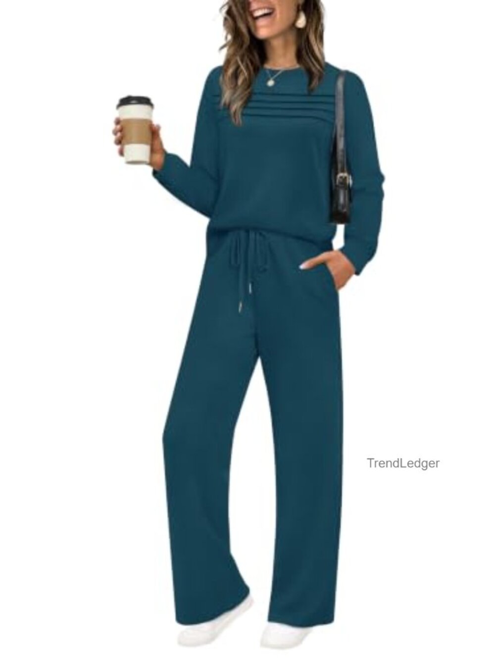 WIHOLL Women's 2 Piece Sweatsuit Pleated Top Wide Leg Pants Lounge Set